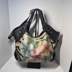 Anuschka Hand-Painted Leather Hobo Bag – Zebra Garden Hibiscus – Convertible
